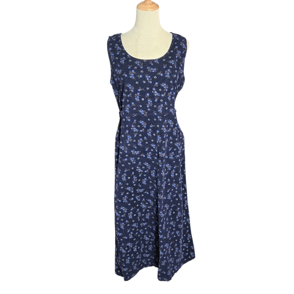 Bobbie Brooks Vintage Navy Blue Corduroy Floral Midi Jumper Dress
